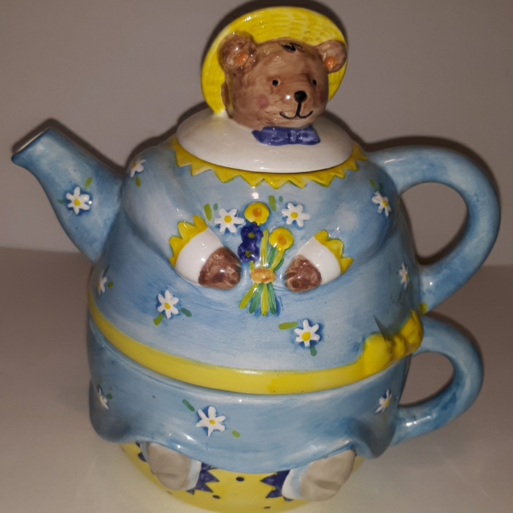 Teddy bear girl tea for one stacking teapot&cup - Picture 1 of 6